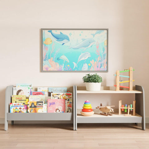 A set of a small billboard with three shelves and a small toy shelf. Furniture in gray color with wooden shelves.