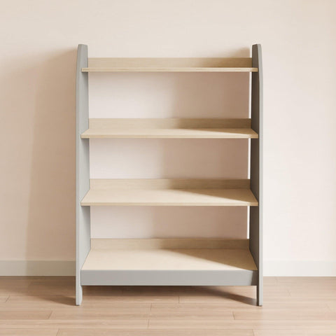 Gray toy storage unit with four wooden shelves.
