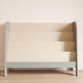 Wide ladder bookshelves for children. Gray colored sides and four wooden shelves.