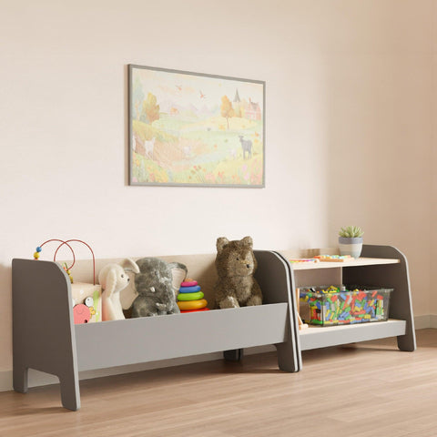 Modern gray large toy chest and low toy storage.