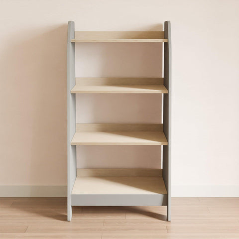 Grey slim toy storage with four wooden shelves.