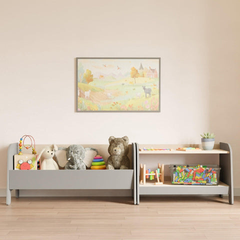 A gray wide children's chest with an open structure and a two-shelf toy rack.