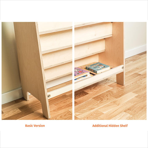 A board showing the addition to the bookcase which is a hidden shelf for storing additional books.