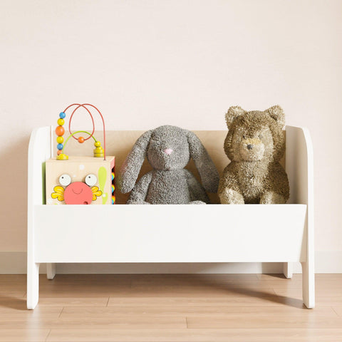 White wooden toy chest on legs for storing teddy bears, blocks and all toys. 