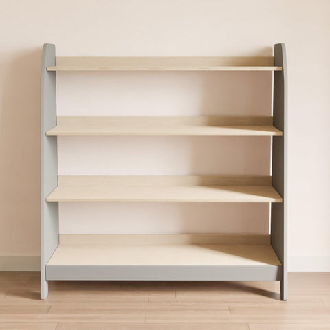 Gray large toy rack with four wooden shelves.