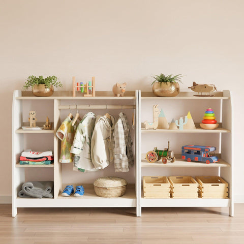 Set of Montessori wardrobe and toy storage. Large toy storage unit with a roomy closet for nursery organization. 