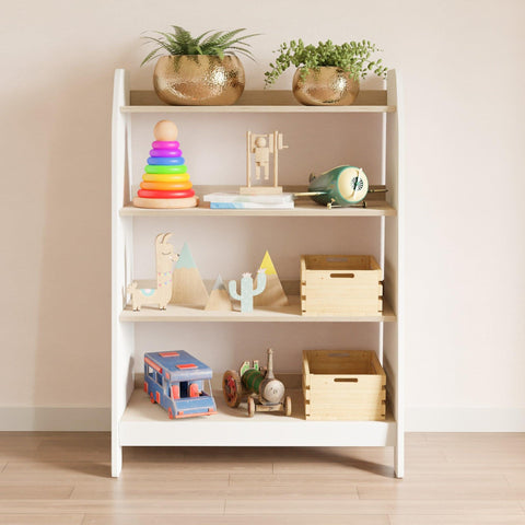 Four-level montessori style children's bookcase. The furniture has white sides and front and wooden shelves on which children's toys stand.