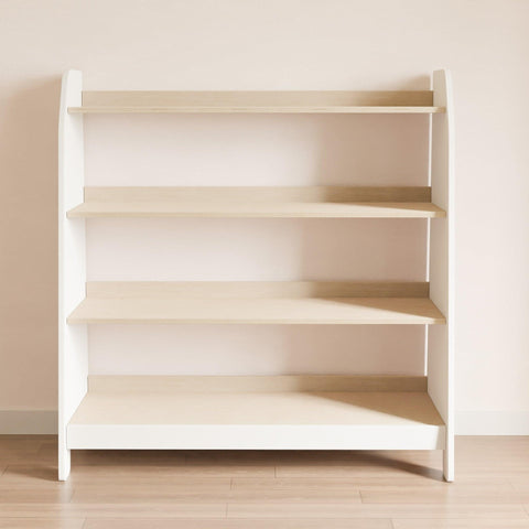 White toy storage uniti for childrens with four wooden shelves.