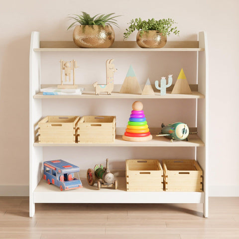 A large white children's toy storage with four wooden shelves.
