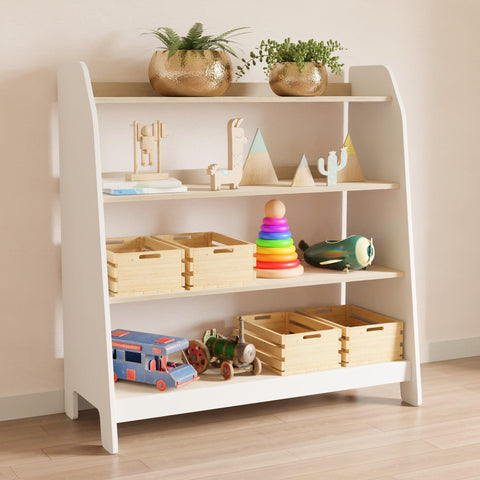 Modern large toy storage with white sides and front and wooden shelves.