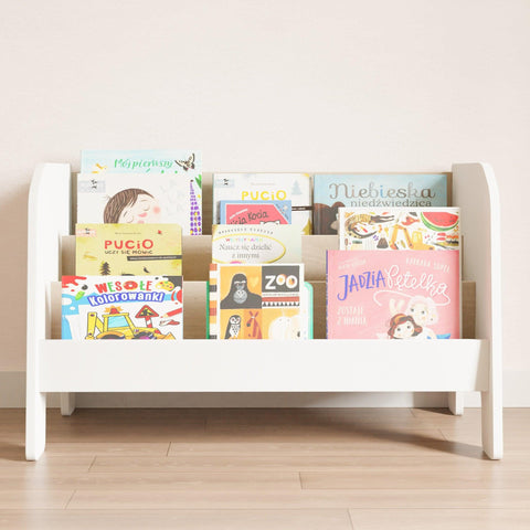 Low forward facing bookshelf, having 3 book compartments, white sides and wooden interior.