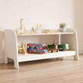 Low profile bookcase with two shelves, white sides and wooden shelves with children's toys.