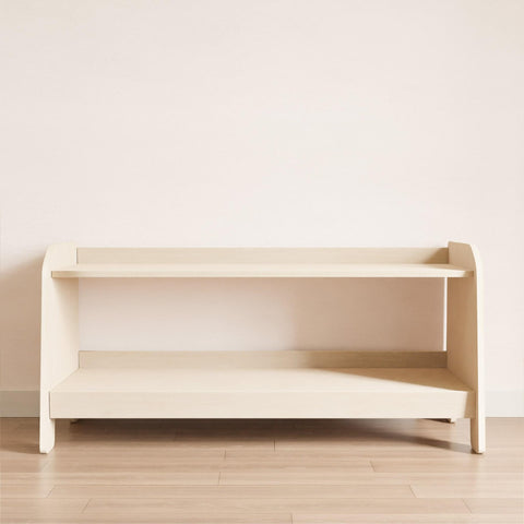 Wooden toy shelf with two shelves.