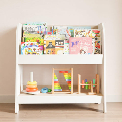 There is a low toy shelf and a kids' bookshelf for the playroom. This bookshelf and toy storage is for organizing a small nursery. 