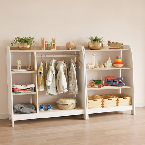 Set of playroom storage furniture and clothing storage with toy shelf. Baby nursery furniture organization. 
