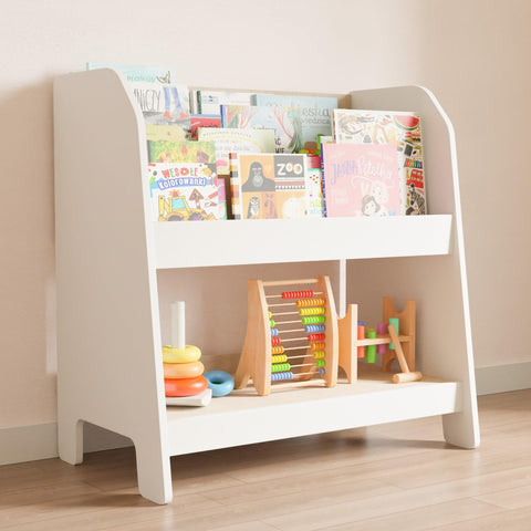 A wooden forward-facing bookshelf with three shelves and cute toy storage is an excellent combination of nursery room organization. 