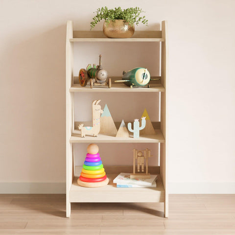 Narrow tall wooden children's toy rack with four shelves on which children's toys stand.