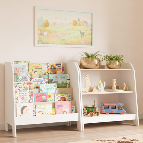 Display bookshelf and bookcase with three Montessori shelves made in modern design.