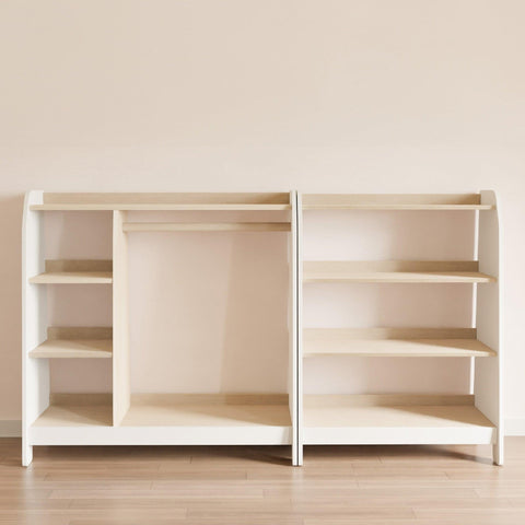 Nursery clothes storage and children's bookcase for playroom. Montessori wood shelves in white.