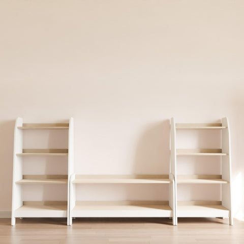 White montessori storage set with wooden shelves.