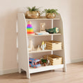 Modern minimalist children's bookcase with four shelves. The bookcase has white sides and front and wooden shelves.