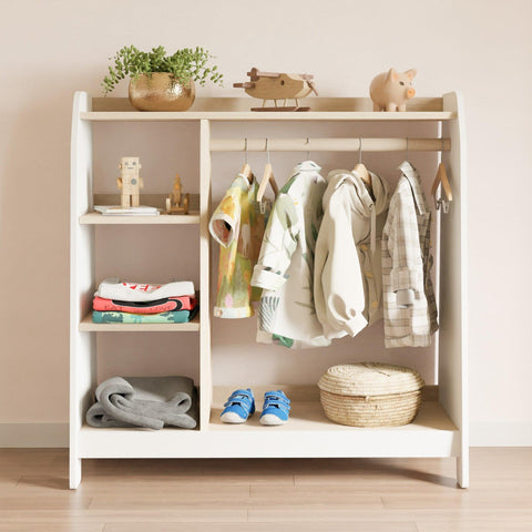 Montessori wardrobe to store clothes and accessories. Children's playroom storage organization. 
