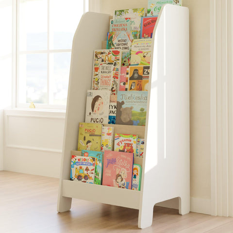 Modern bookshelf for children. The furniture has sides and front in white and wooden shelves.