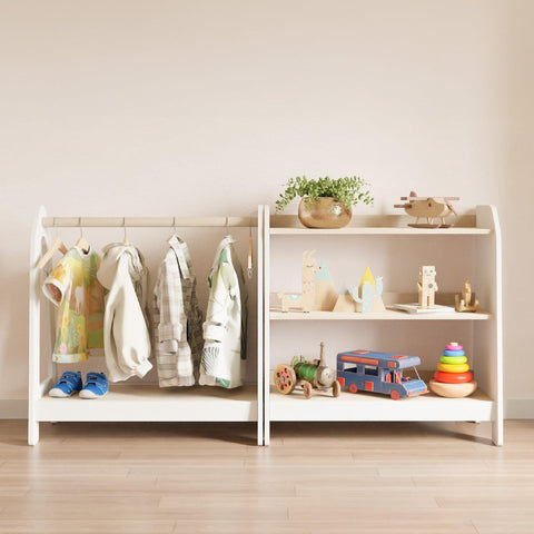 Set of Montessori clothing rack and kids bookcase. The playroom furniture is white, and there are wooden shelves.