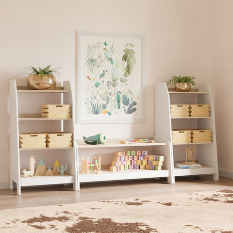 Large nursery storage set of two narrow 4-level bookcases and one 2-level wide toy storage.
