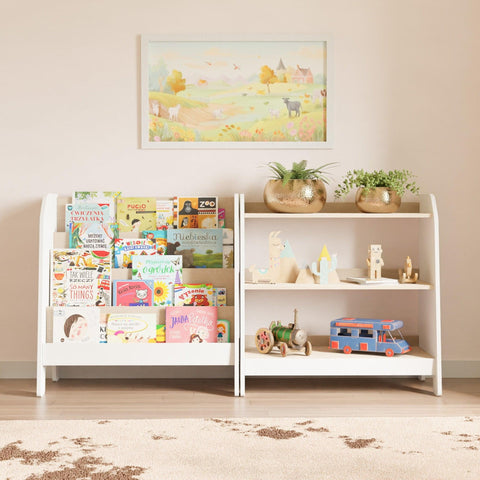 White montessori furniture. Front facing bookshelf and three-shelf toy bookcase.