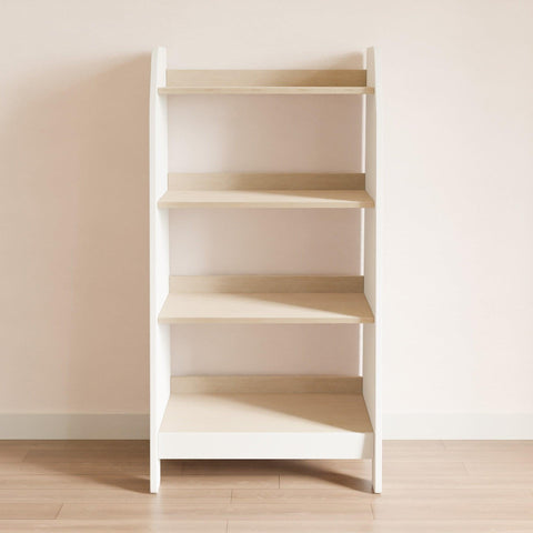Vertical toy storage with four shelves. The bookcase has white sides and front and wooden shelves.