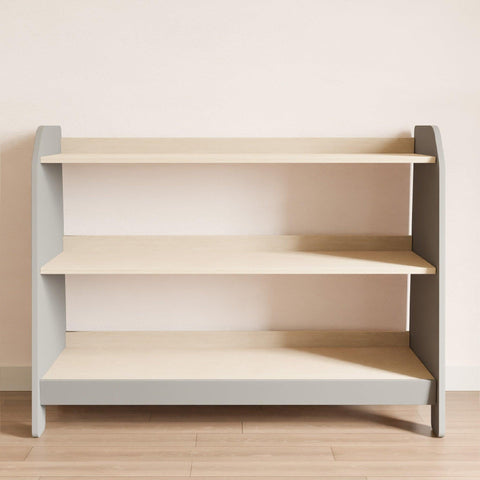 Grey toy storage with three wooden shelves.