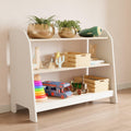 Modern wide white children's bookcase, has three shelves and on them toys.