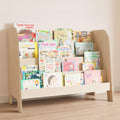 Modern wooden children's bookcase, on which the books are displayed with the cover facing forward.