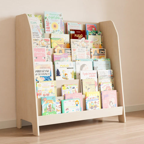 Modern montessori wooden bookcase with six shelves on which books are facing forward with the cover.