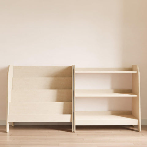 Wooden storage for toys and books in playroom.