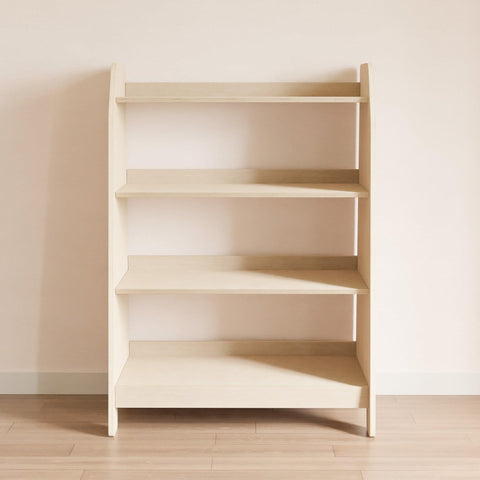 Wooden nursery bookcase with four shelves.