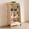 Modern wooden narrow four-shelf toy rack in montessori style.