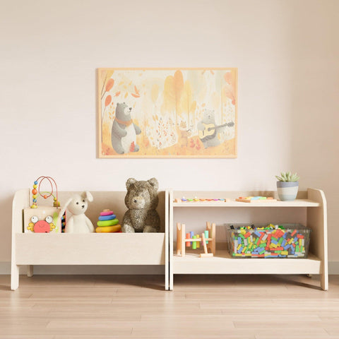 Wooden toy chest and two-shelf montessori bookcase.