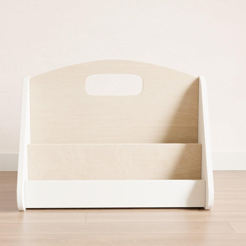 Small portable bookshelf in white with wooden shelves. 