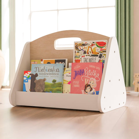 Small portable bookshelf with handle. Double-sided wooden children's bookshelf with two shelves on each side. 