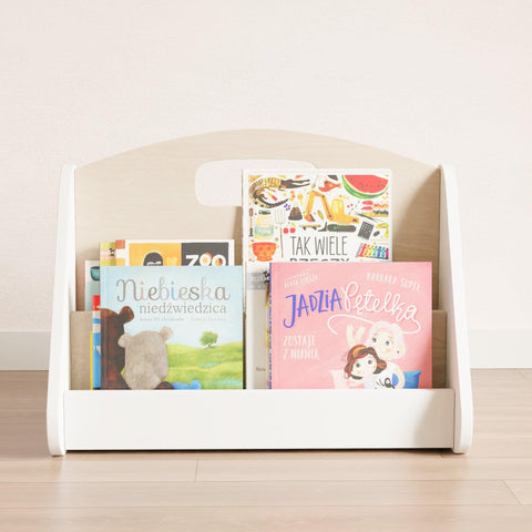 A low-open bookshelf is used for storing books with forward-facing covers. Portable book rack with rounded sides in the shape of a triangle.