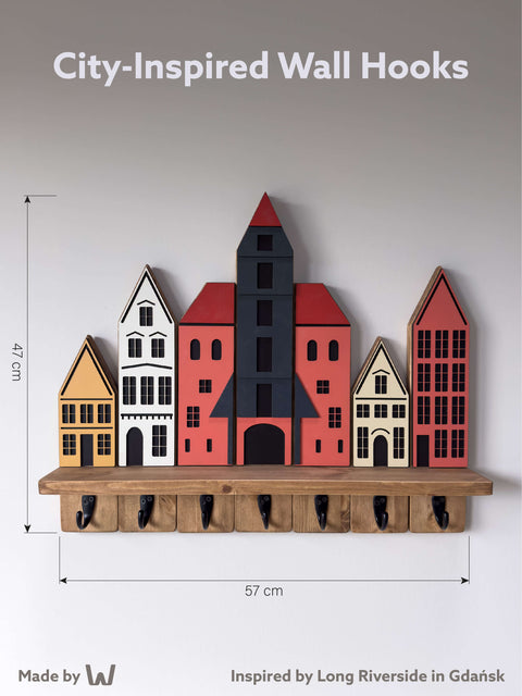 Półka ścienna i wieszak na ubrania inspirowany miastem – lite drewno, wykończenie w ciemnym dębie – pionowy organizer do przechowywania i przedpokoju do nowoczesnego domu