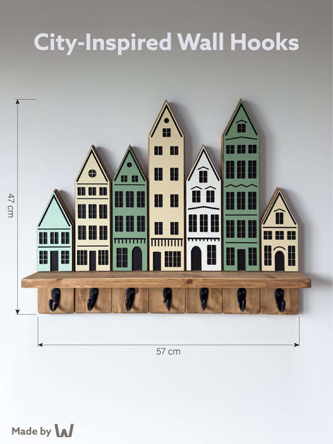 Haczyk i półka ścienna inspirowana miastem – organizer ścienny z litego drewna w kolorze ciemnego dębu z 7 haczykami do przedpokoju