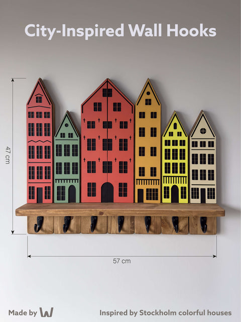 Półka ścienna i wieszak na ubrania inspirowany miastem – lite drewno, wykończenie w ciemnym dębie – pionowy organizer do przechowywania i przedpokoju do nowoczesnego domu