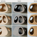 Nine grid of cat beds labeled A, B, and C in natural, black, and brown color options.