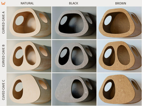 Nine grid of cat beds labeled A, B, and C in natural, black, and brown color options.