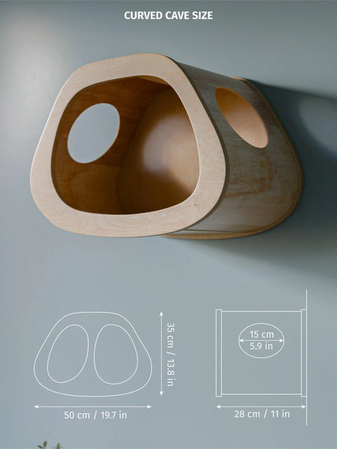 Size guide and technical dimensions for the wall-mounted 'Curved Cave' wooden cat house, displaying measurements in cm and inches.