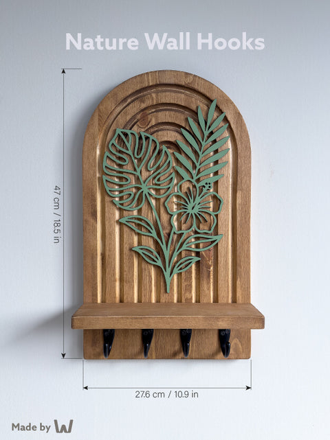 Rustykalna półka ścienna z litego drewna i wieszak na ubrania, wykończenie w kolorze ciemnego dębu, organizer do przedpokoju i uchwyt na klucze