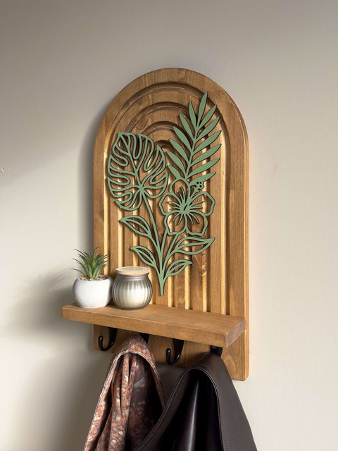 Rustykalna półka ścienna z litego drewna i wieszak na ubrania, wykończenie w kolorze ciemnego dębu, organizer do przedpokoju i uchwyt na klucze